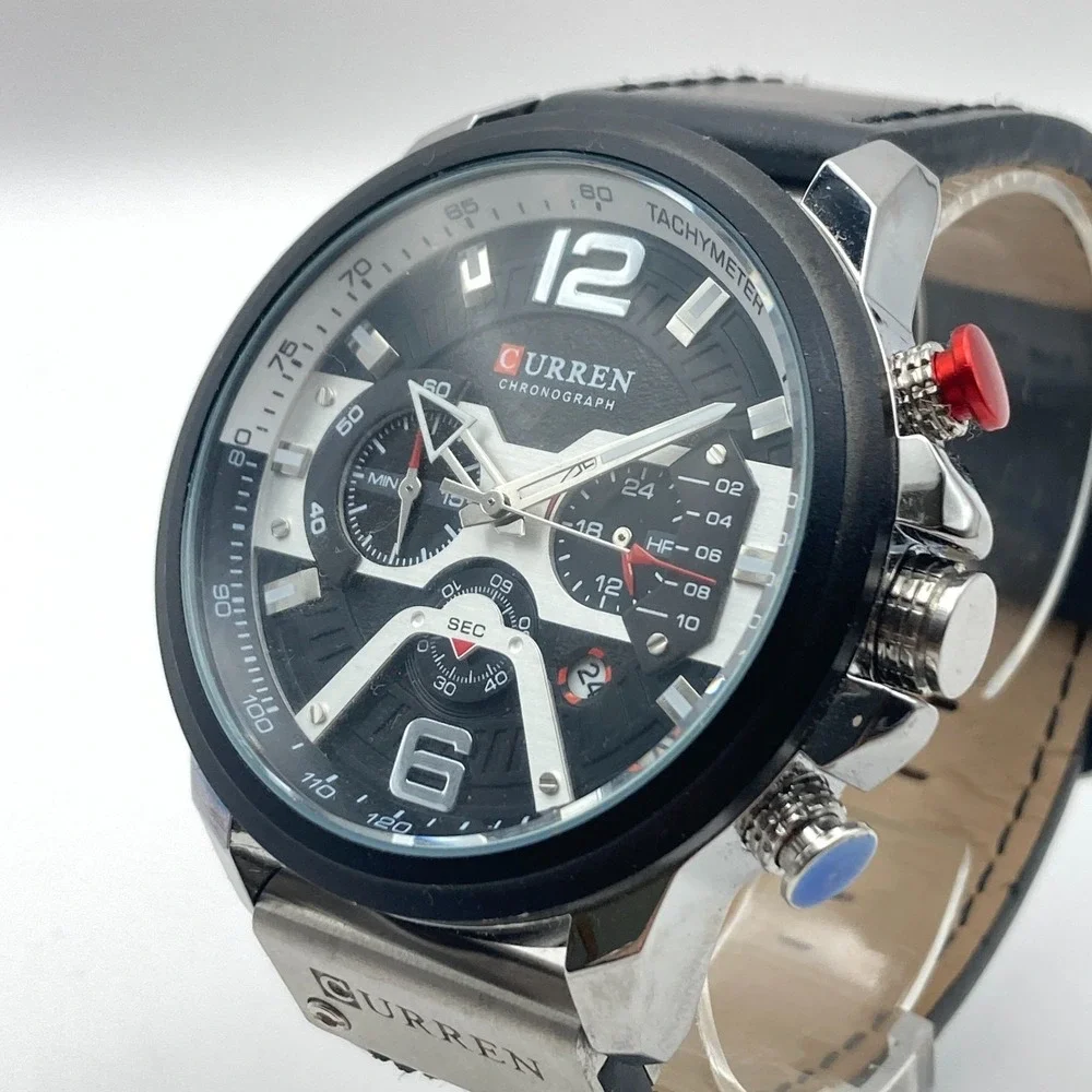Curren Men's Chronograph Watch 48mm Silver Tone Black Date WR New Battery 10